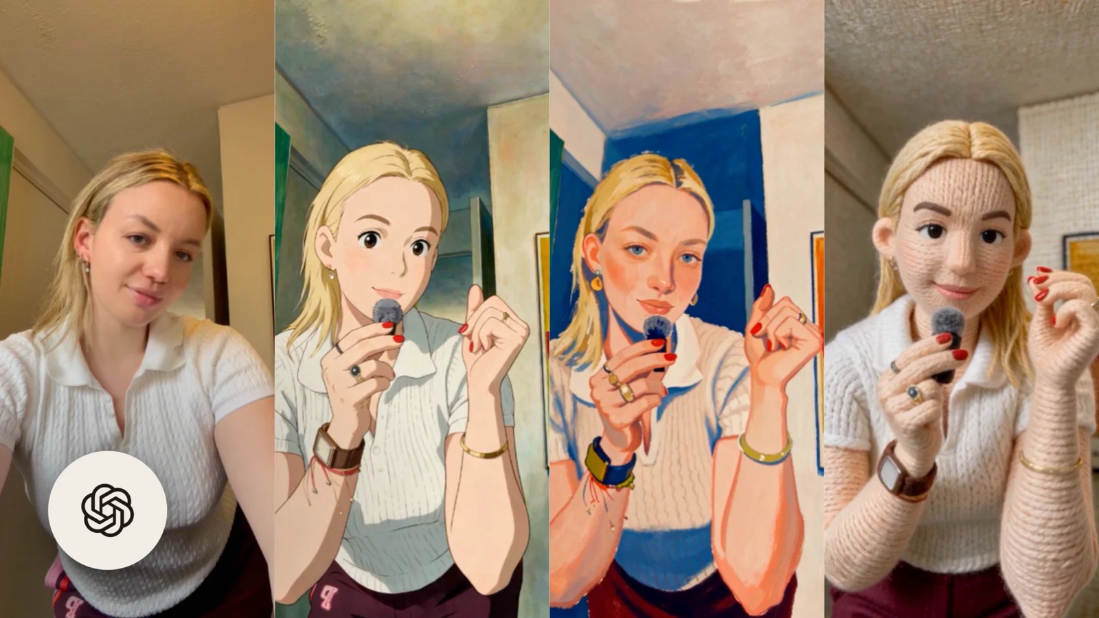 Una misma grabación convertida en varios estilos de animación: el video original, versión anime, pintura gouache y tejido de lana