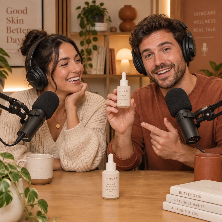 Anuncio estilo Fake Podcast: dos personas recomendando un serum en un set de podcast