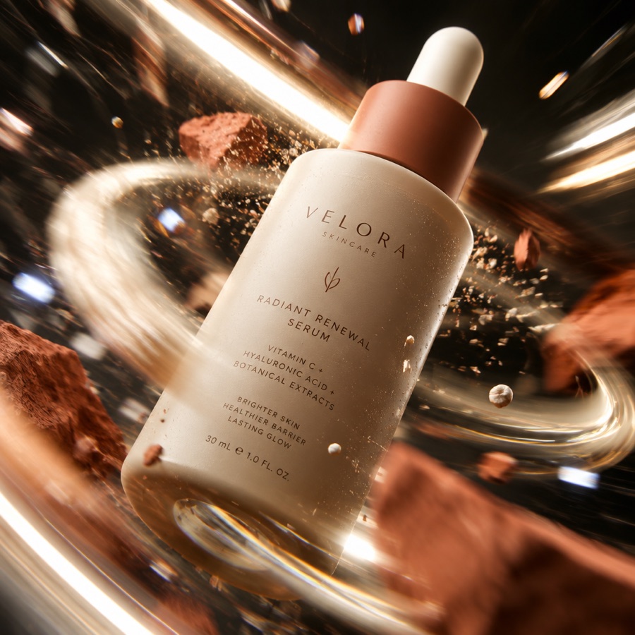 Anuncio estilo Hypermotion: serum con zoom extremo y estelas de luz
