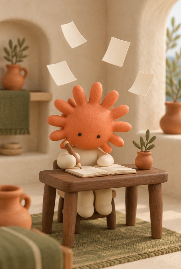 Figurina de arcilla del sol de Design for AI Studio junto a un archivo, representando qué es un skill de Claude