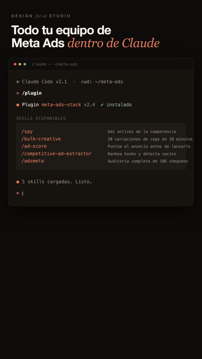 Terminal de Claude con el stack meta-ads-stack instalado y 5 skills disponibles