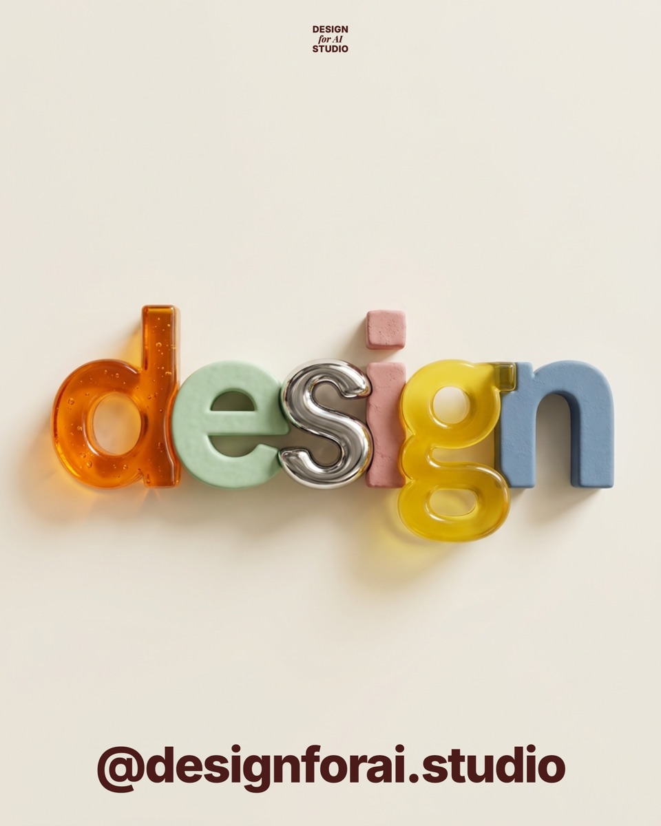 Palabra design con cada letra de un material distinto